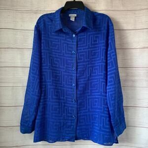BonWorth Blue Geometric Pattern Sheer Button Up Top Long Sleeves Size Large